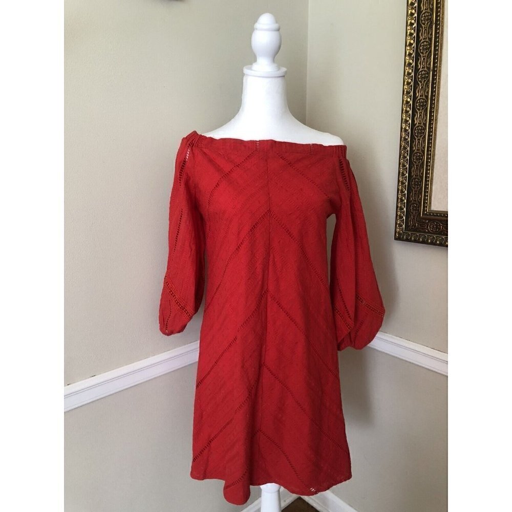 NWT New York & Company Size XS Red Off Shoulder Dress Puff Sleeve Crochet Trim